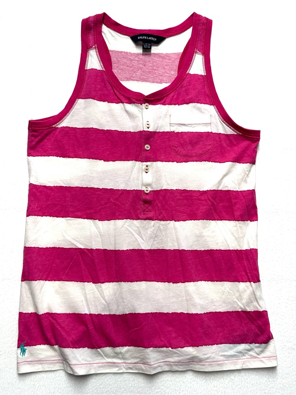 Ralph Lauren Girls 12/14 Pink White Striped Henley Tank Top Pony Logo